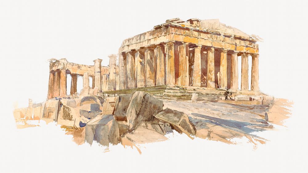 The Parthenon architecture watercolor art illustration. Remixed by rawpixel.