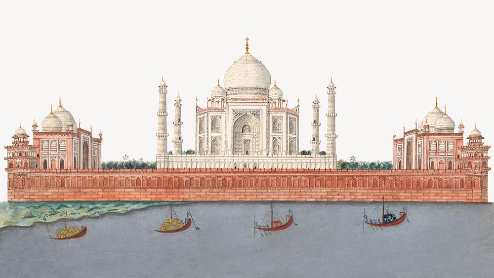 The Taj Mahal architecture watercolor art illustration. Remixed by rawpixel.