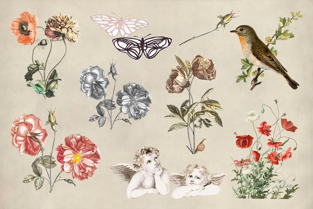 Vintage flower collage element set psd