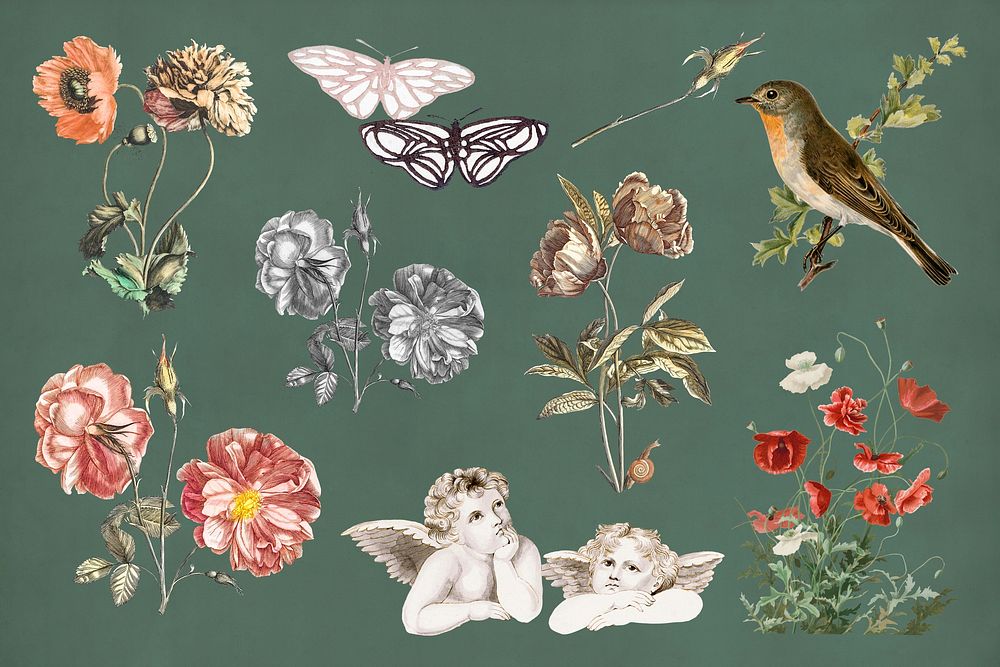 Vintage flower collage element set psd