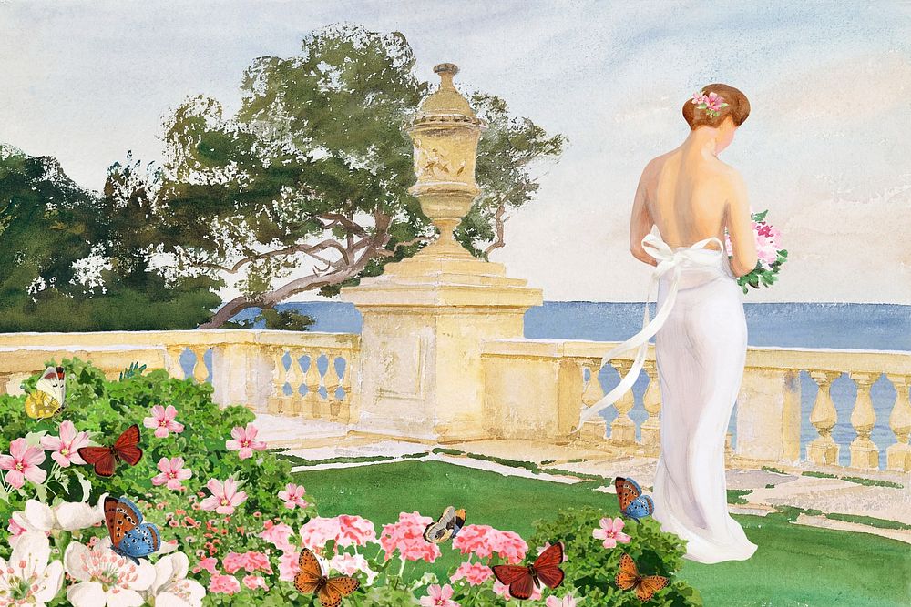 Watercolor bride at balcony background. Remixed by rawpixel.