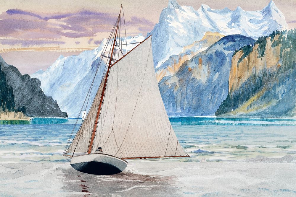 Watercolor sailboat in a sea. Remixed by rawpixel.