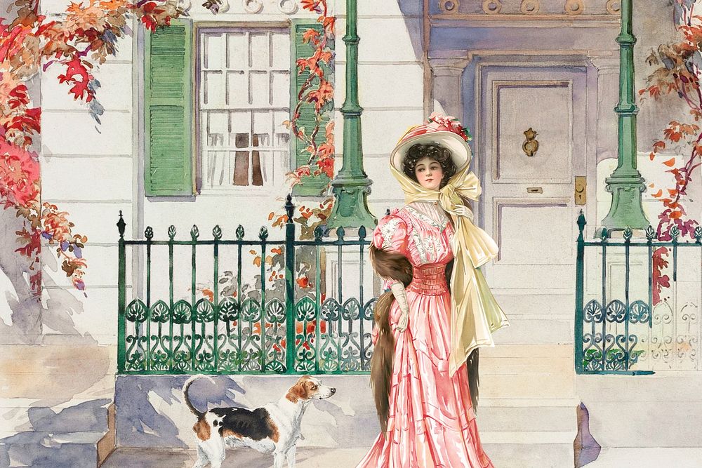 Watercolor Victorian woman and dog. Remixed by rawpixel.