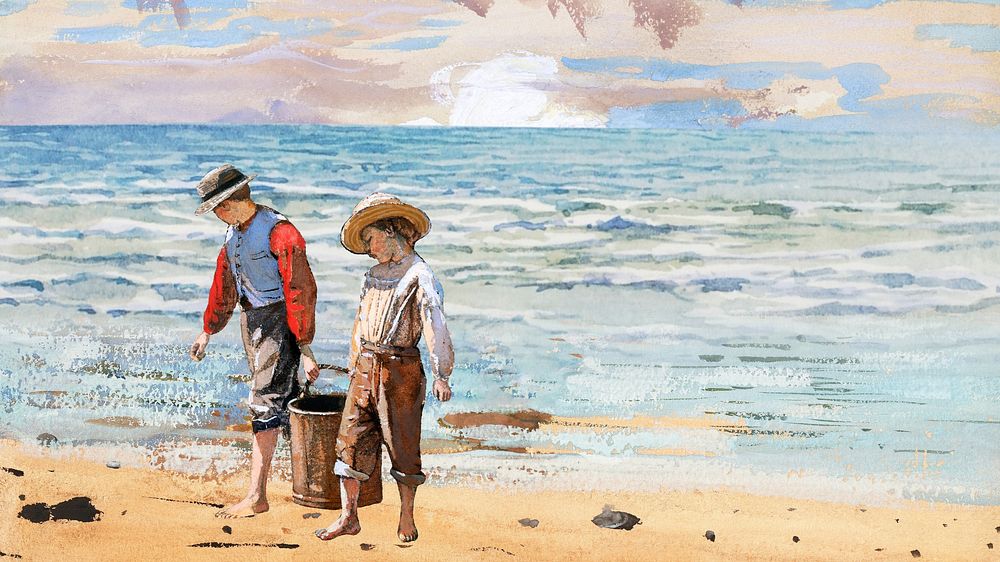 Boys at beach desktop wallpaper, watercolor art. Remixed by rawpixel.