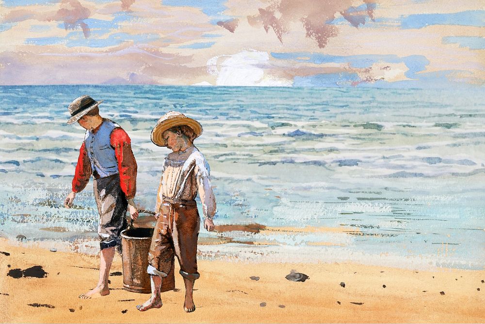 Watercolor boys at beach background. Remixed by rawpixel.