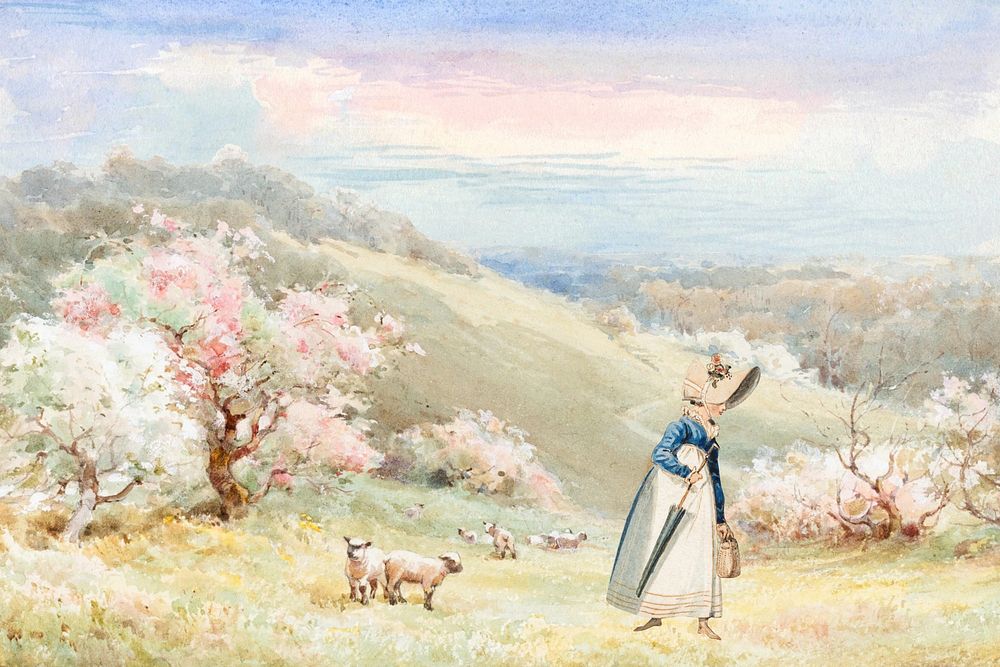 Watercolor woman & sheep background. Remixed by rawpixel.