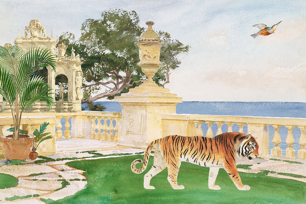 Watercolor tiger walking on balcony. Remixed by rawpixel.