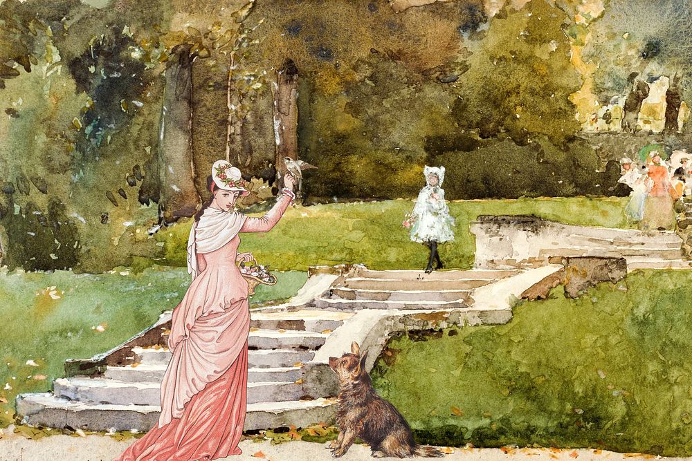 Watercolor Victorian woman in park. Remixed by rawpixel.