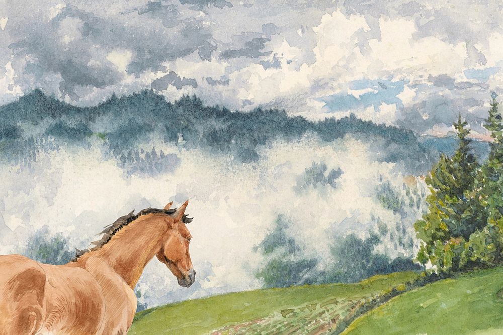 Watercolor wild  horse foal background. Remixed by rawpixel.