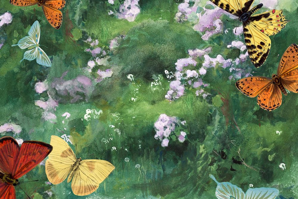 Watercolor butterflies in green field. Remixed by rawpixel.