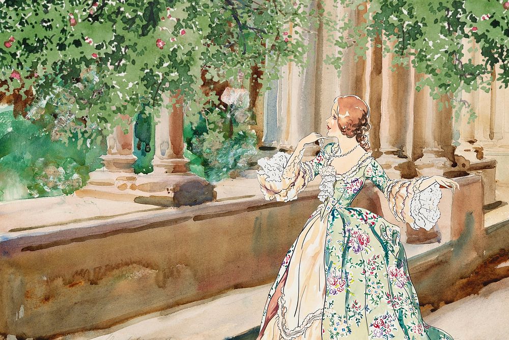 Watercolor Victorian woman at balcony. Remixed by rawpixel.