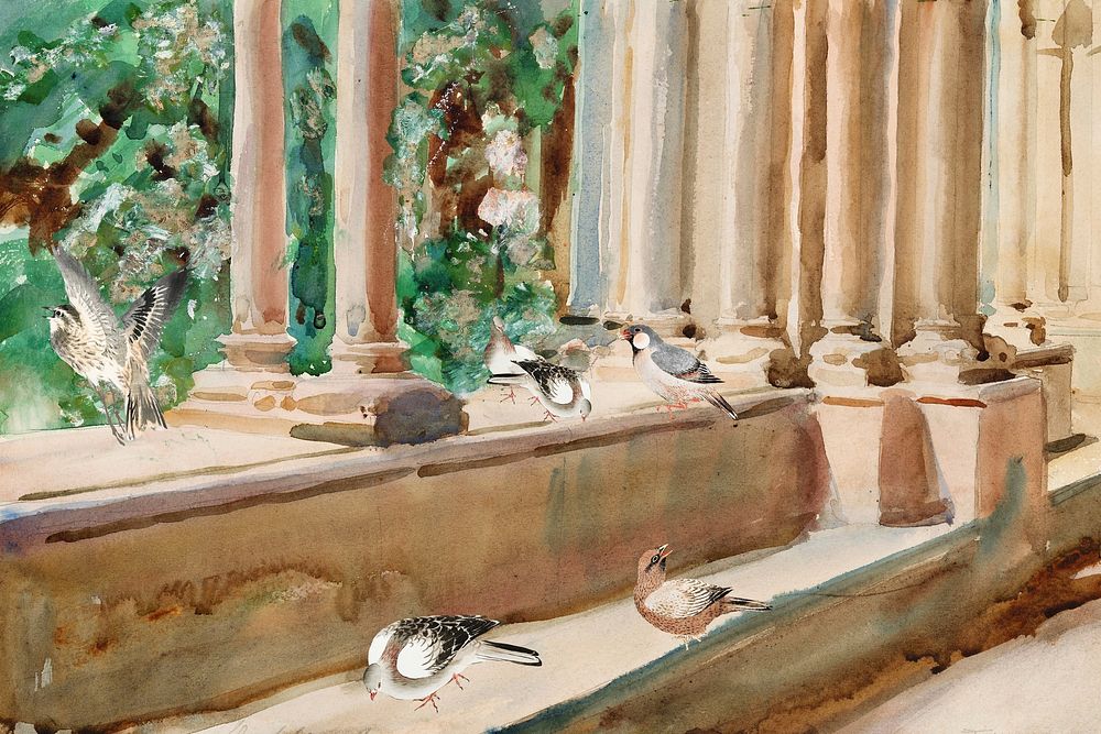 Watercolor birds at balcony. Remixed by rawpixel.