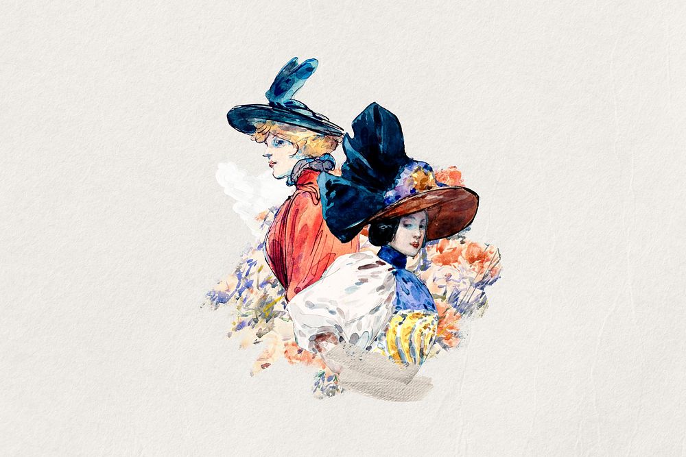 Watercolor Victorian women collage element. Remixed by rawpixel.