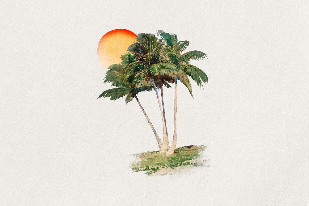 Watercolor coconut tree collage element. Remixed by rawpixel.