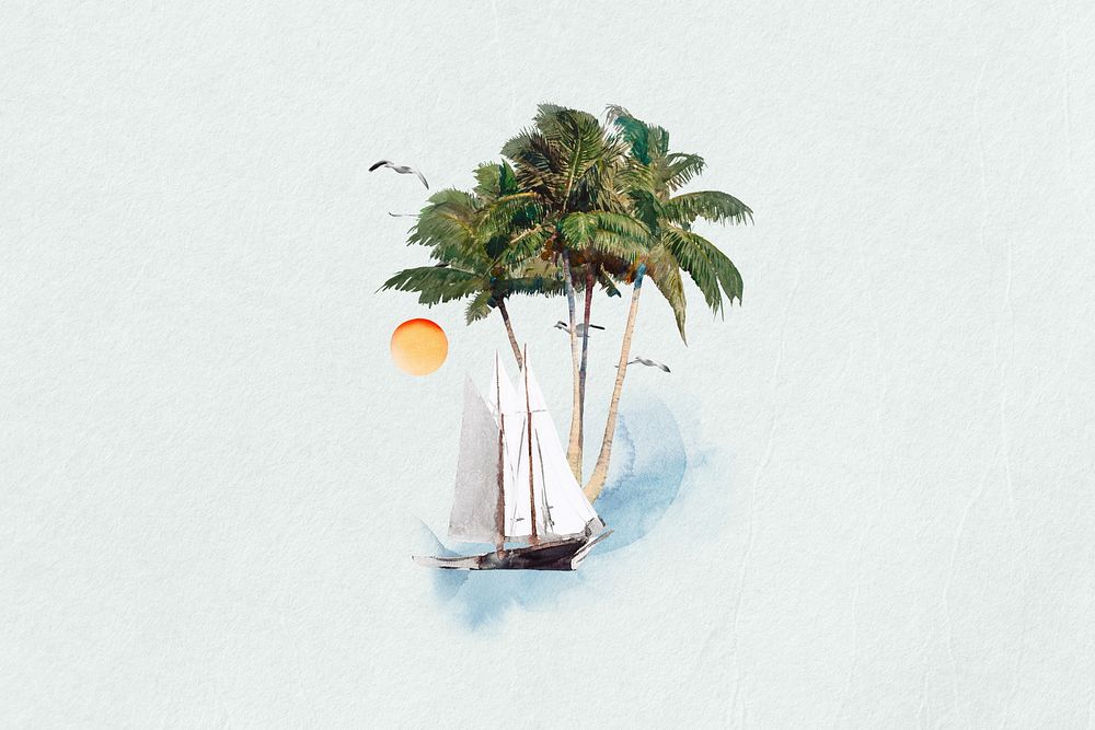 Watercolor sailboat collage element. Remixed by rawpixel.