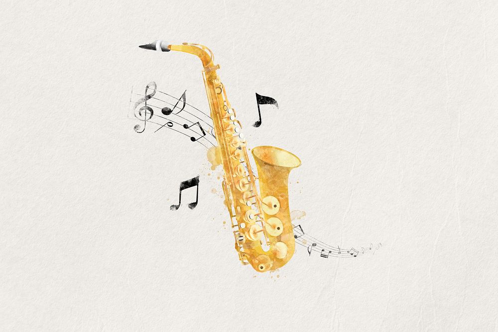 Watercolor saxophone collage element. Remixed by rawpixel.