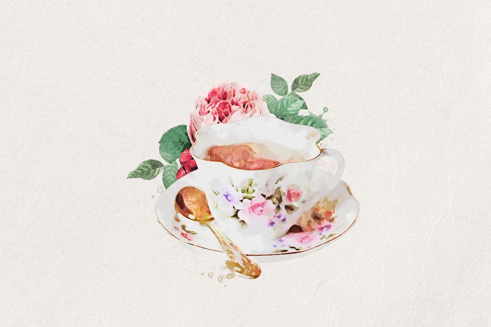 Watercolor floral teacup  collage element. Remixed by rawpixel.