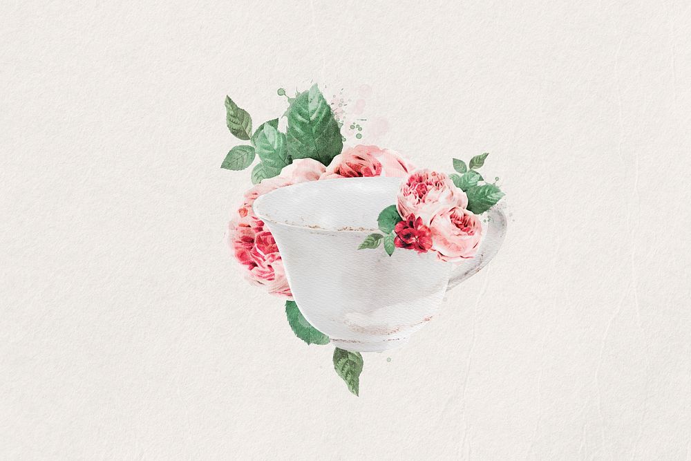 Watercolor floral teacup  collage element. Remixed by rawpixel.