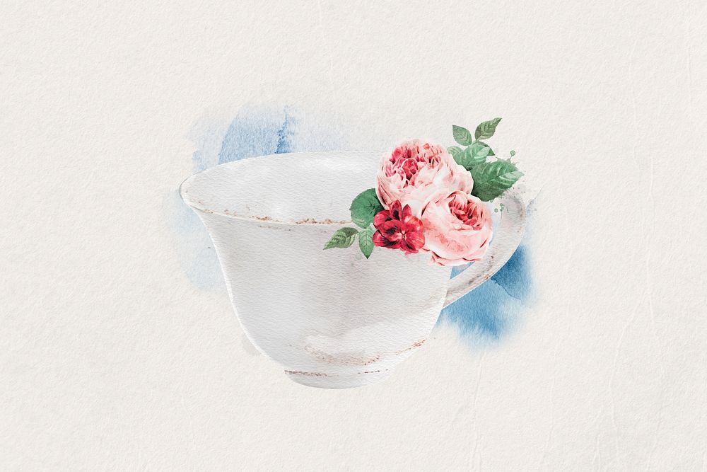 Watercolor teacup collage element. Remixed by rawpixel.