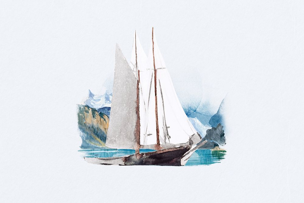 Watercolor sailboat collage element. Remixed by rawpixel.