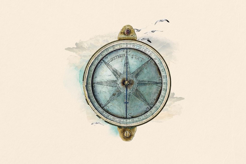 Watercolor compass collage element. Remixed by rawpixel.