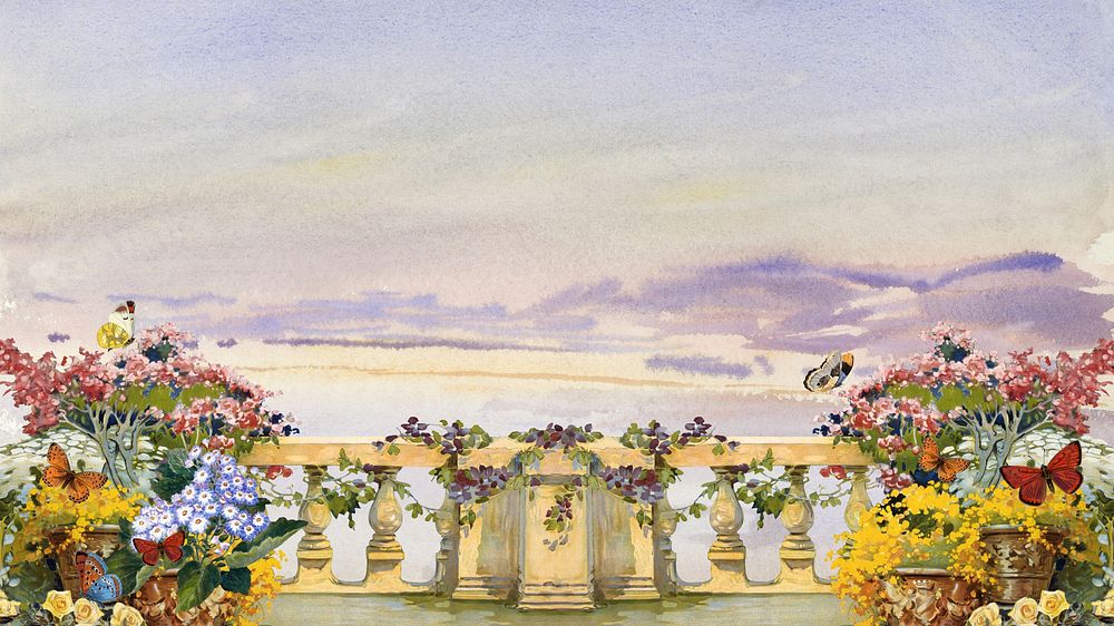 Watercolor floral balcony desktop wallpaper. Remixed by rawpixel.