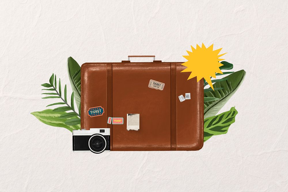 Travel luggage aesthetic, camera illustration