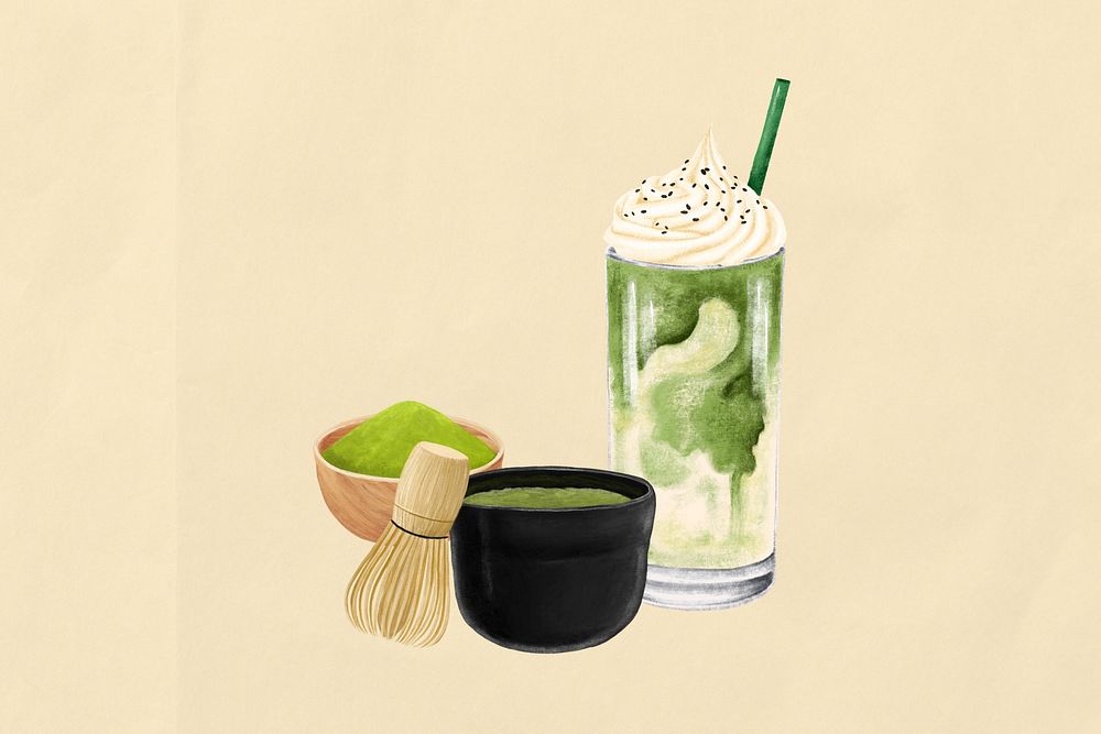Matcha drink, cafe illustration, beige background