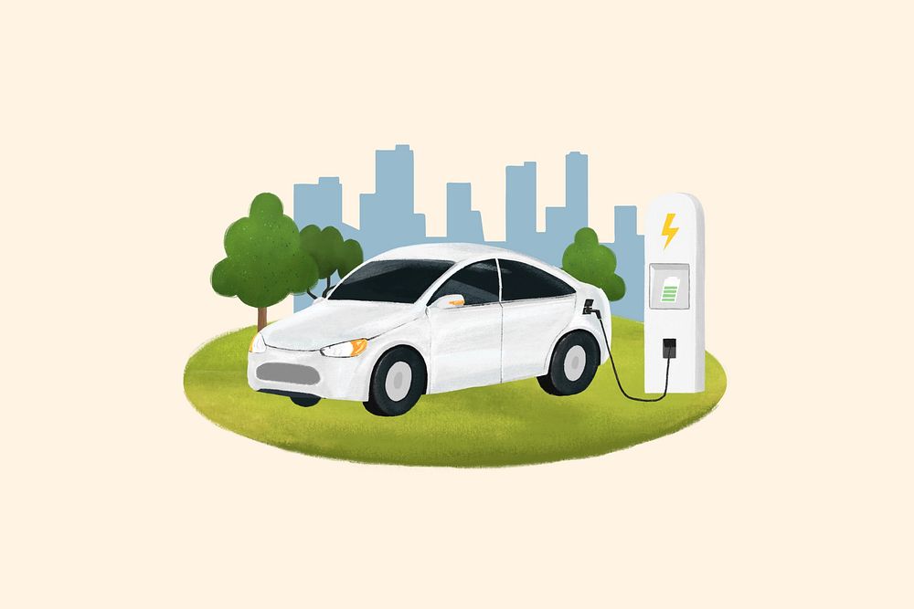 Electric car environment illustration orange background