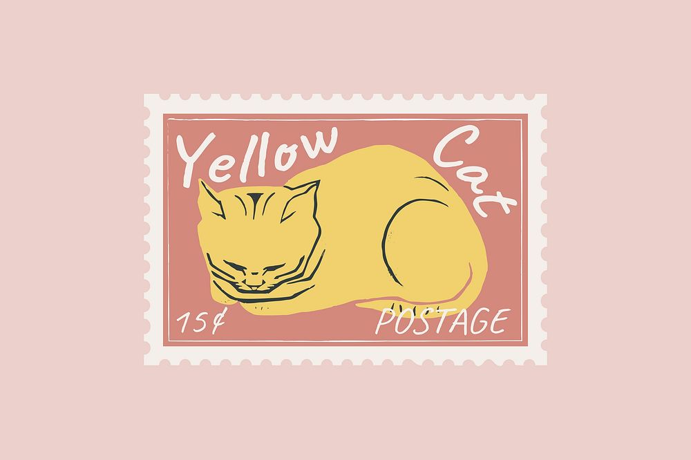 Cat postage stamp, cute illustration psd