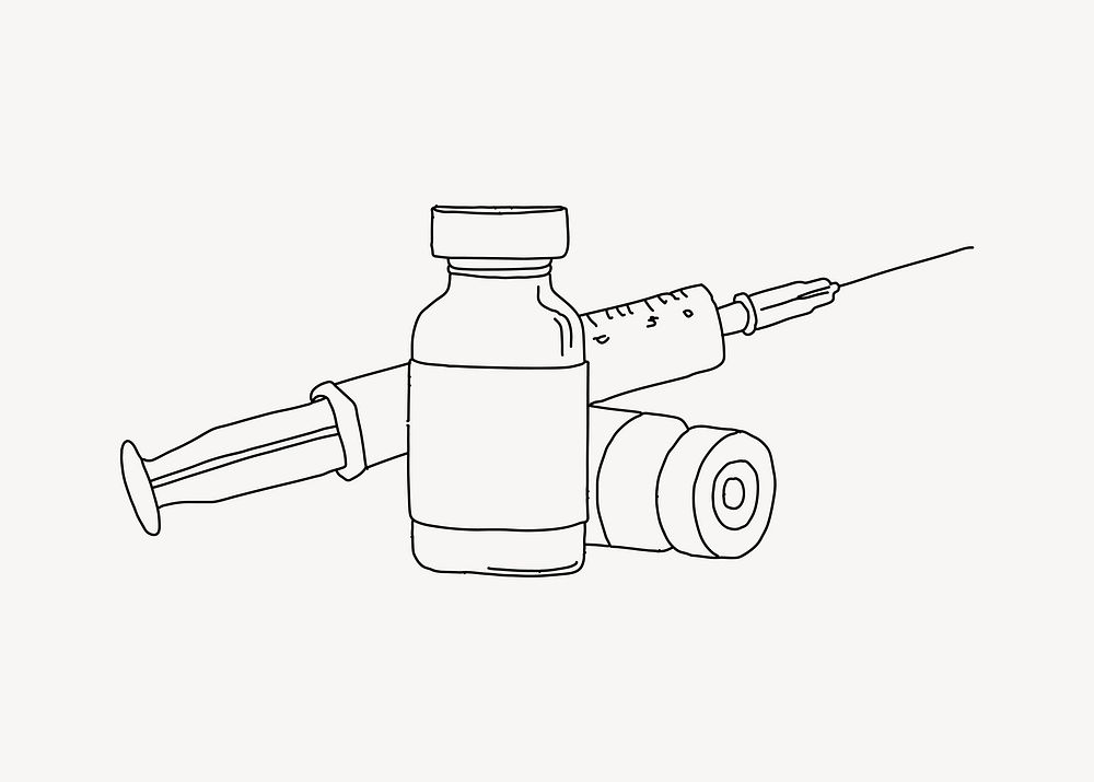 Vaccine bottle & needle line art illustration vector