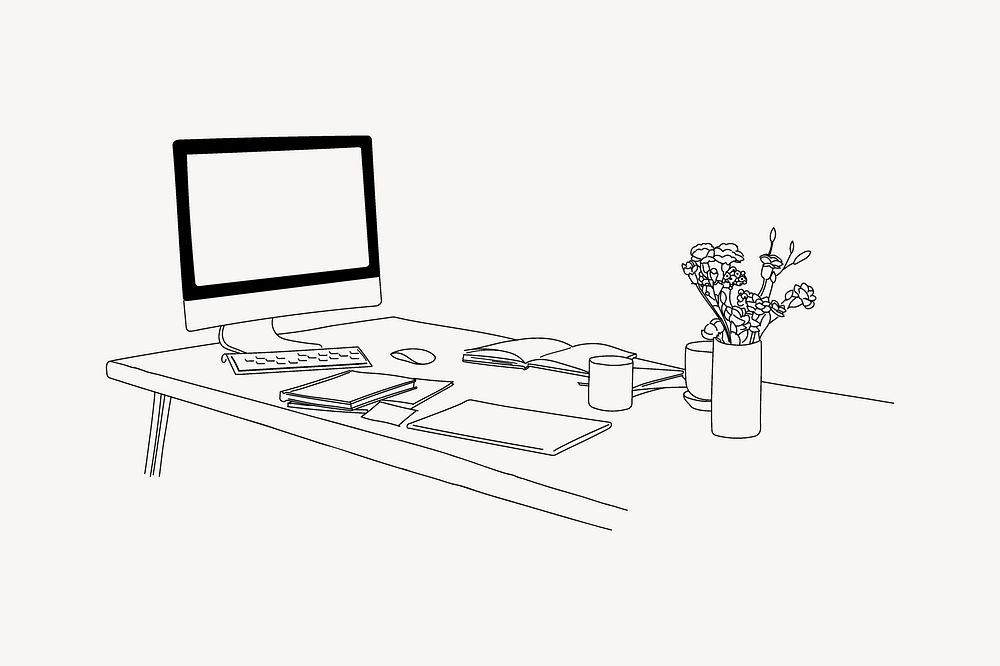 Computer and table, workspace line art illustration vector