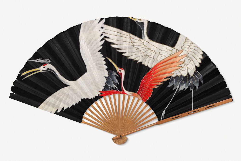 Hand fan mockup, Japanese cranes pattern psd. Remixed by rawpixel.