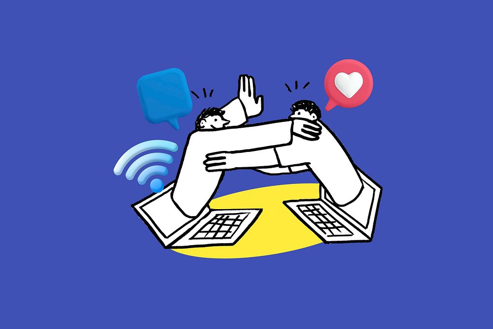 Doodle people online connection, blue design