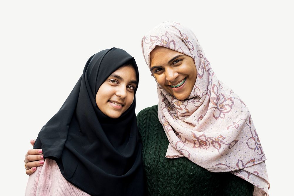 Smiling Muslim girls collage element psd