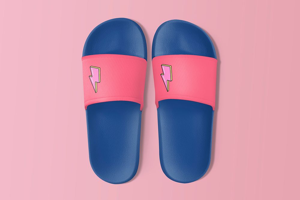 Blue sandals mockup, flat lay Summer footwear psd