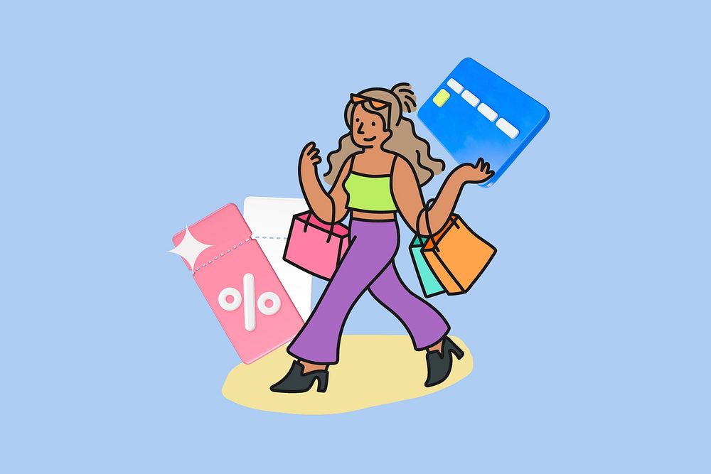 Doodle woman shopping discount, blue design