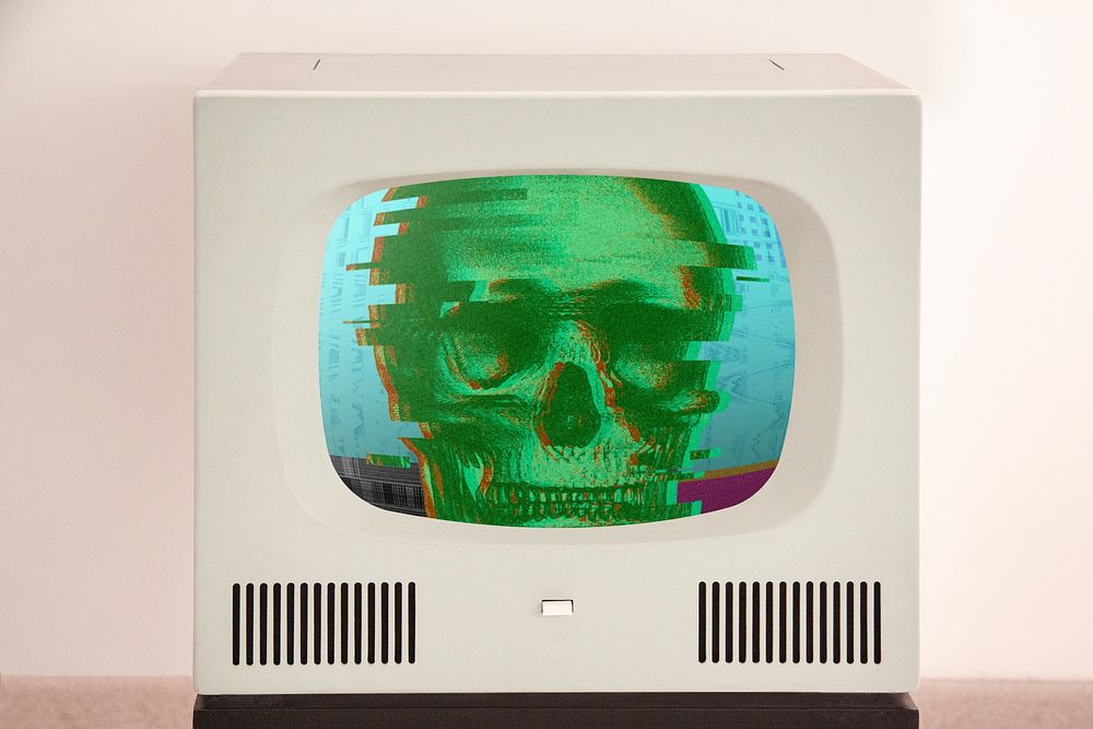Retro TV with green glitch skull screen