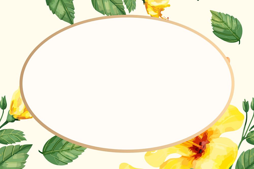 Watercolor floral oval frame, yellow hibiscus digital paint