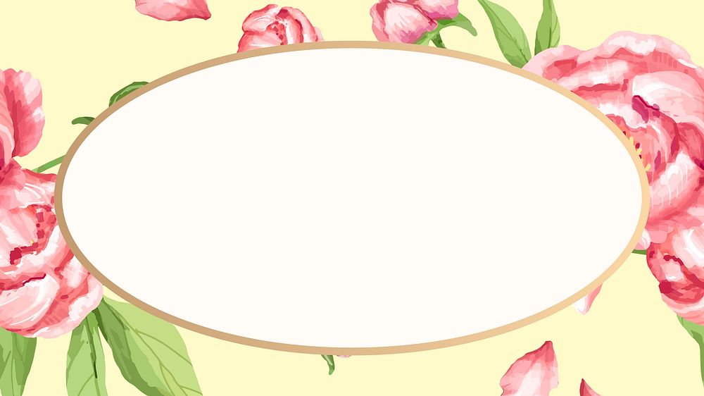 Floral oval frame desktop wallpaper, pink peony digital paint