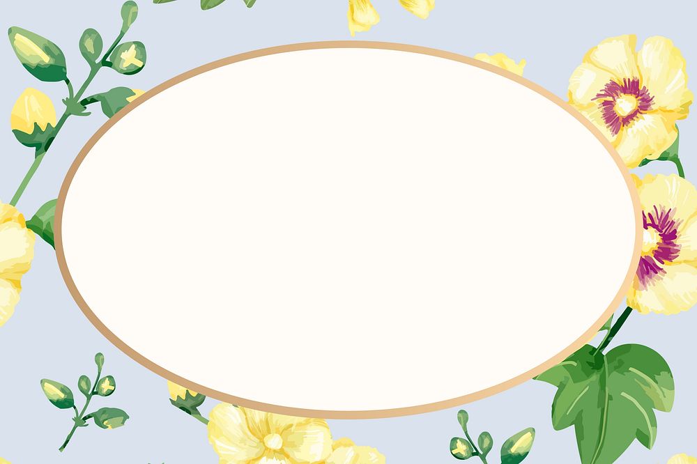 Watercolor yellow hollyhocks frame, oval shape