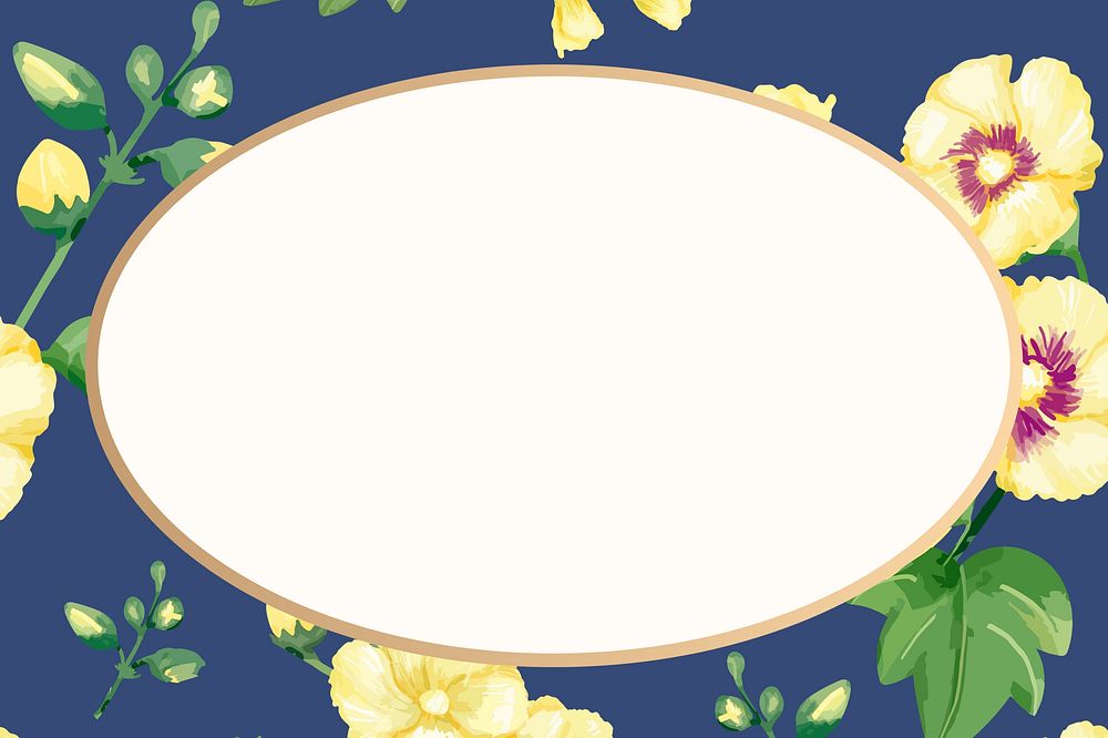 Watercolor yellow hollyhocks frame, oval shape