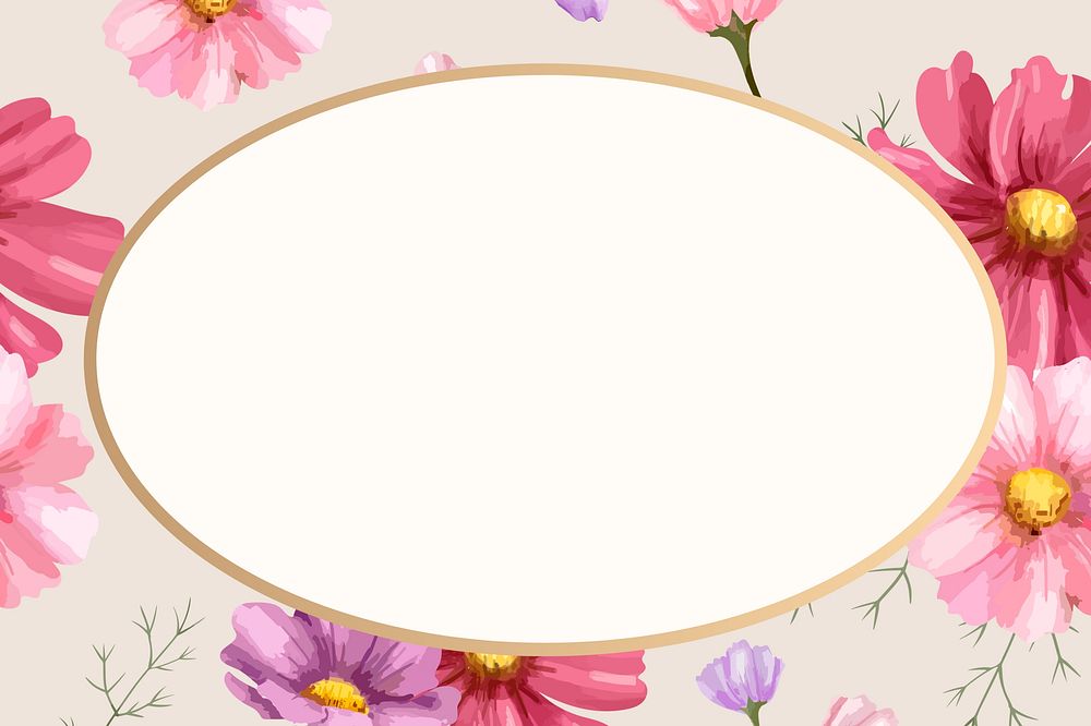 Watercolor floral oval frame, pink cosmos digital paint