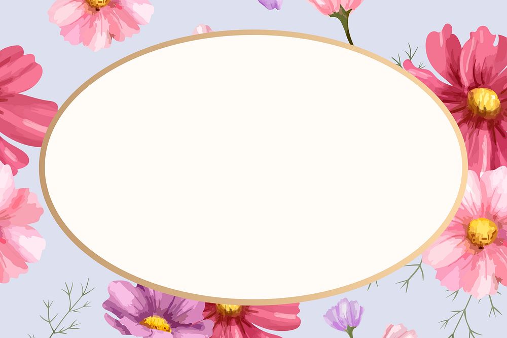Watercolor floral oval frame, pink cosmos digital paint