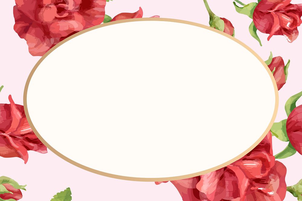 Watercolor red rose frame, oval shape