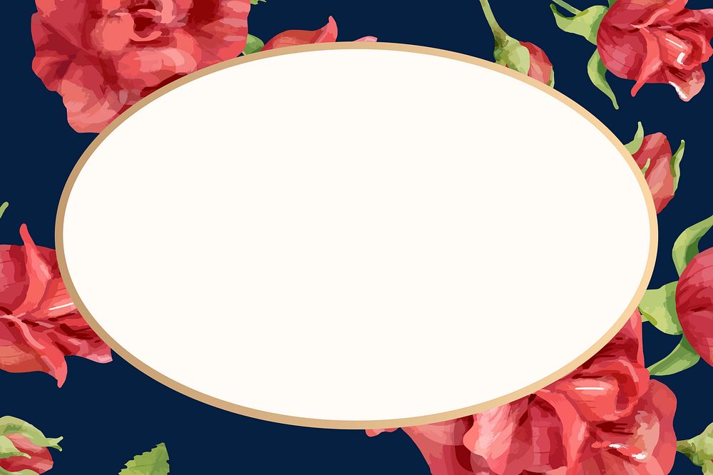 Watercolor red rose frame, oval shape