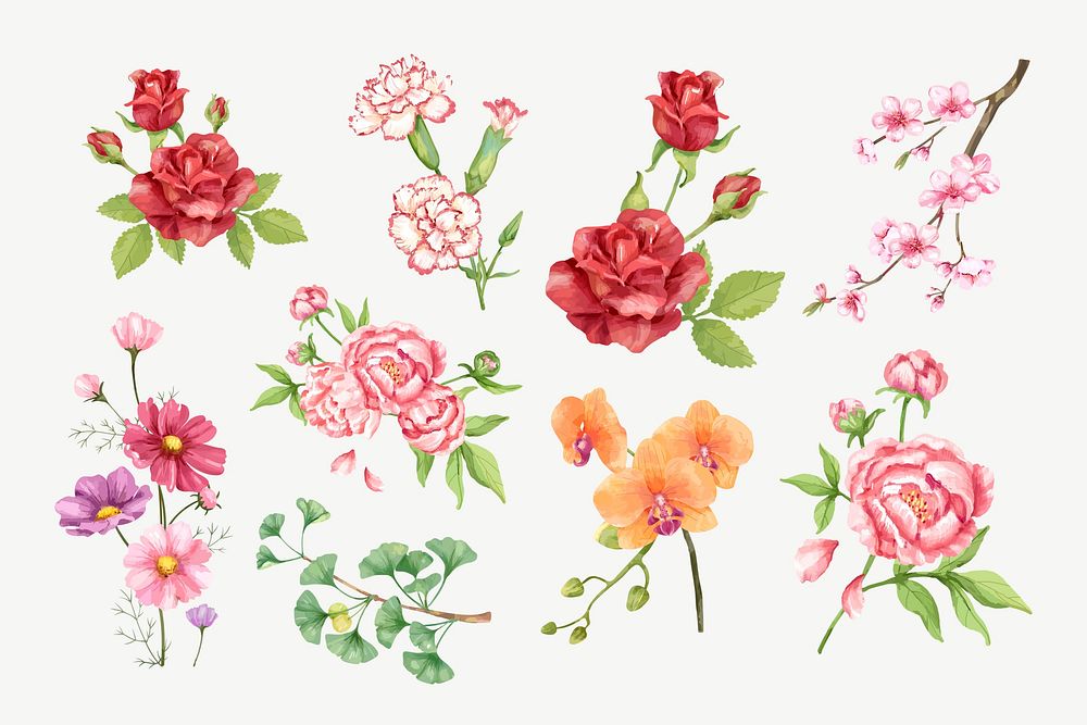 Watercolor flower collage element psd set