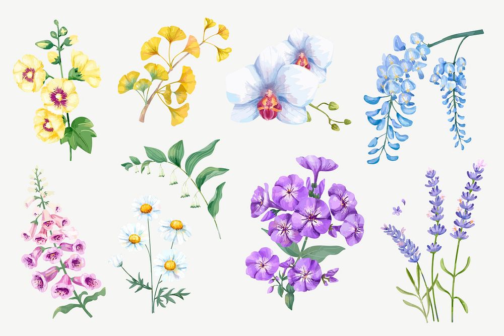 Watercolor flower collage element psd set