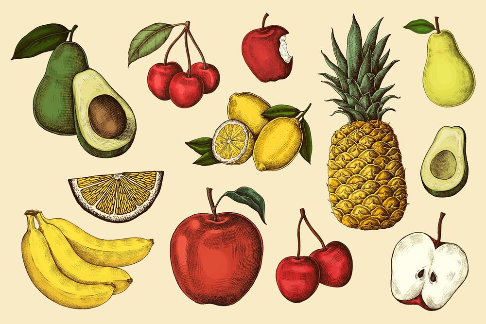 Mixed fruit vintage illustration, collage element set psd