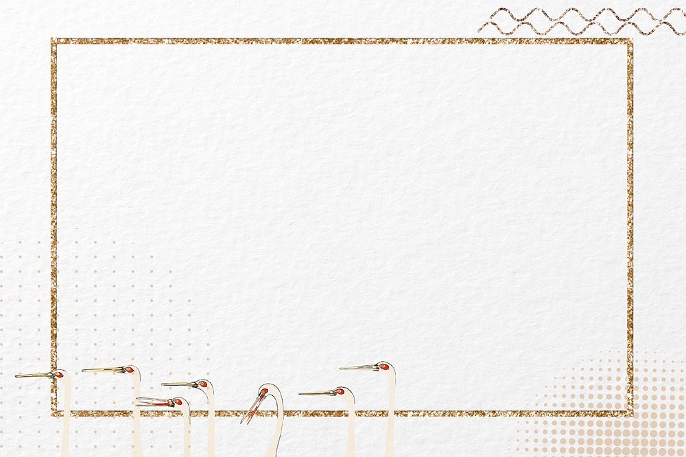 Japanese crane frame background, gold glittery design